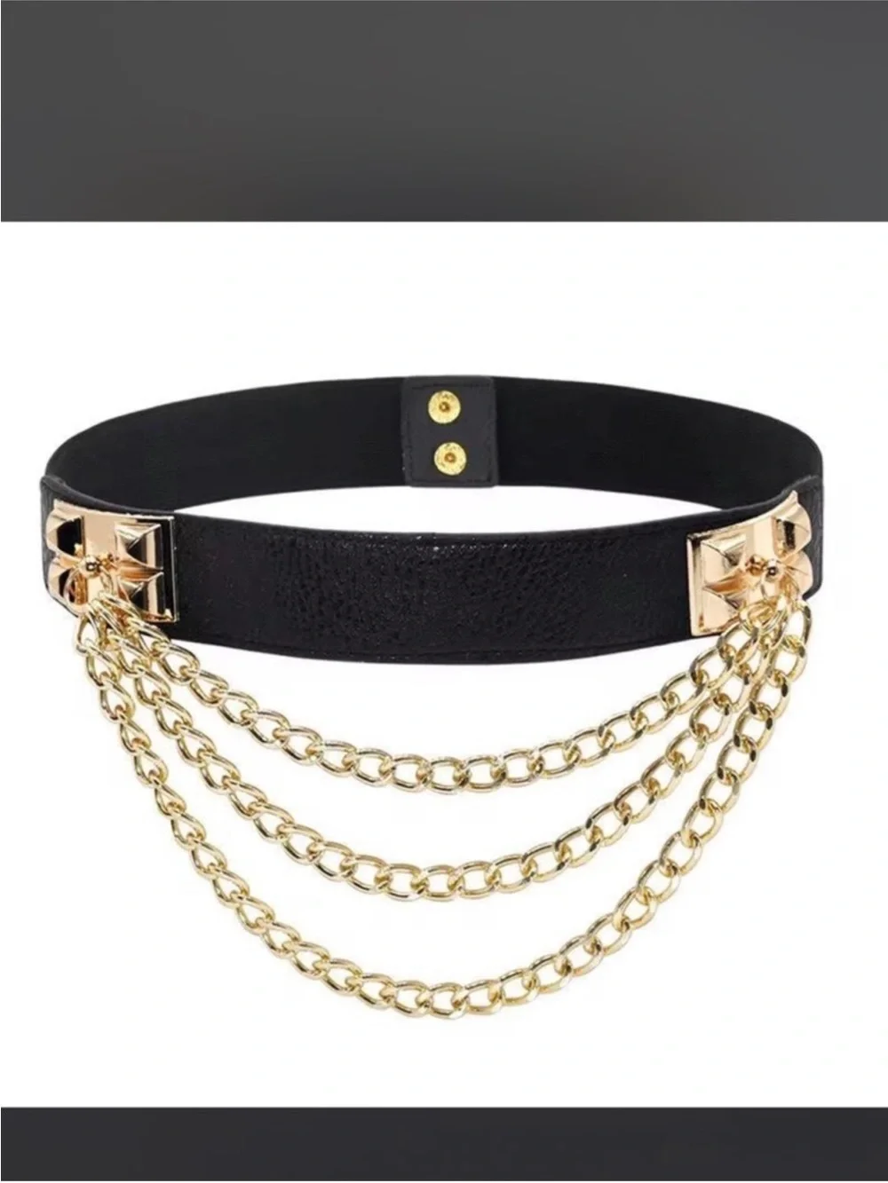 Black Leather Waist Belt with Gold Chain Detail - Women's Accessory